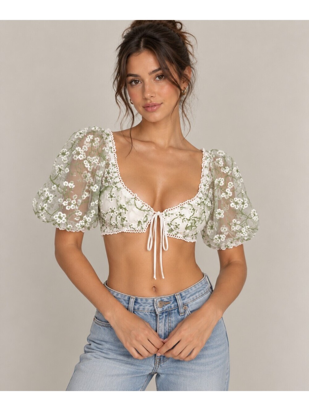 Beige Botany Floral Embroidered Mesh Crop Bra Top M White Green Cottagecore